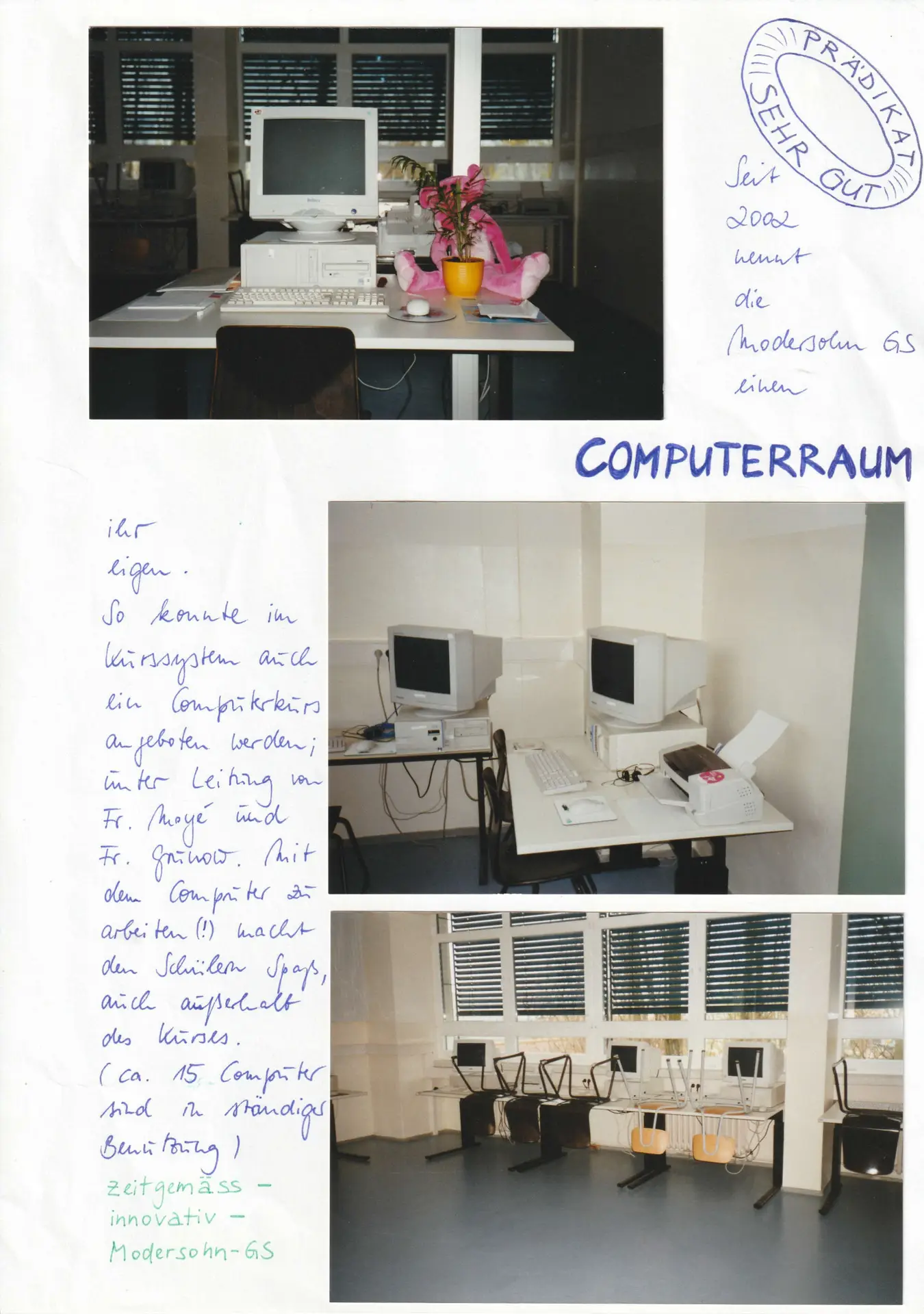 Historische Chronikseite zum Computerraum der Modersohn-Grundschule
